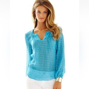 168.00 NWT LILLY PULITZER COLBY TOP ARIEL BLUE CRINKLE METALLIC CLIP SILK